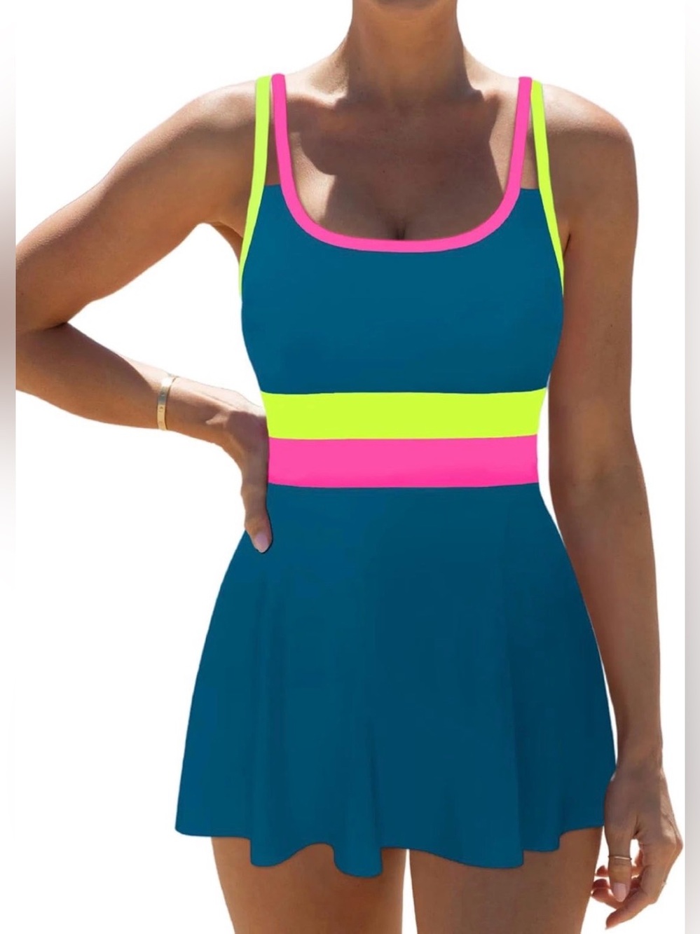 0158:Teal Swimdress with Neon Pink & Neon Yellow Accents - Women Swim One Piece